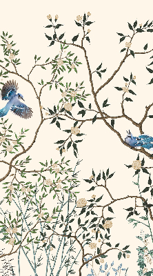 Store intérieur fenêtre avec motif d'oiseaux sur un arbre