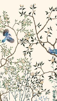 Store intérieur fenêtre avec motif d'oiseaux sur un arbre