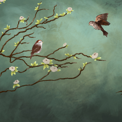 Store enrouleur avec motif d’oiseaux sur une branche