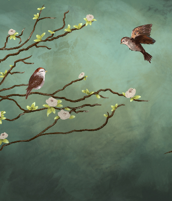 Store enrouleur avec motif d’oiseaux sur une branche