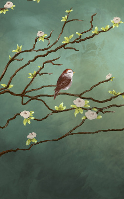 Store enrouleur avec motif d’oiseaux sur une branche