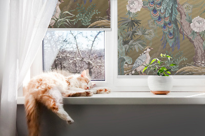 Store intérieur fenêtre avec un paon perché sur un arbre