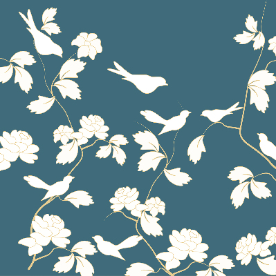 Store intérieur avec des oiseaux blancs sur des fleurs blanches
