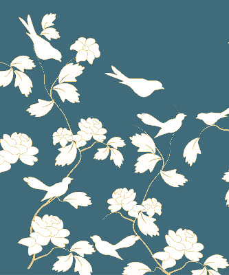 Store intérieur avec des oiseaux blancs sur des fleurs blanches