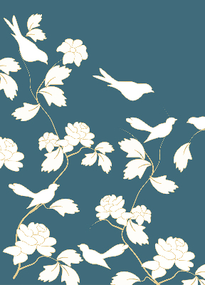 Store intérieur avec des oiseaux blancs sur des fleurs blanches