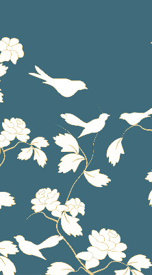 Store intérieur avec des oiseaux blancs sur des fleurs blanches