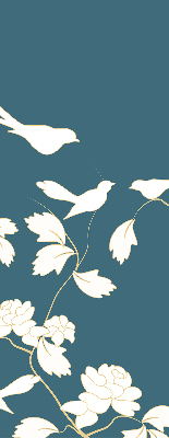 Store intérieur avec des oiseaux blancs sur des fleurs blanches