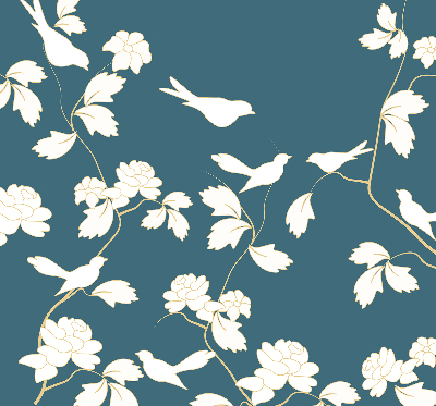 Store intérieur avec des oiseaux blancs sur des fleurs blanches