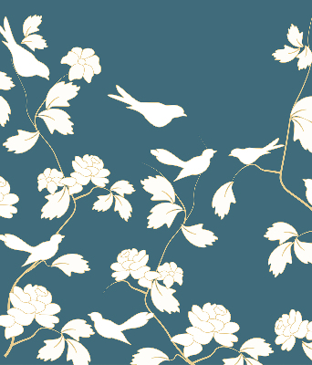 Store intérieur avec des oiseaux blancs sur des fleurs blanches
