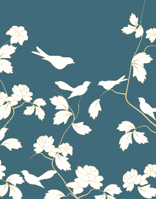 Store intérieur avec des oiseaux blancs sur des fleurs blanches