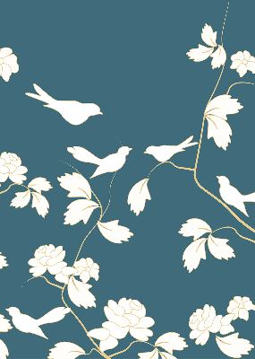 Store intérieur avec des oiseaux blancs sur des fleurs blanches