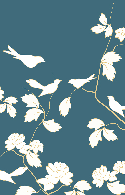 Store intérieur avec des oiseaux blancs sur des fleurs blanches