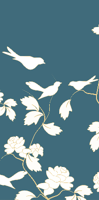Store intérieur avec des oiseaux blancs sur des fleurs blanches