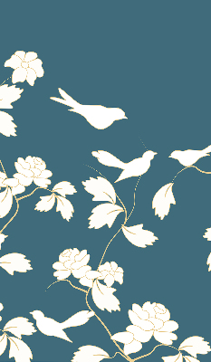Store intérieur avec des oiseaux blancs sur des fleurs blanches