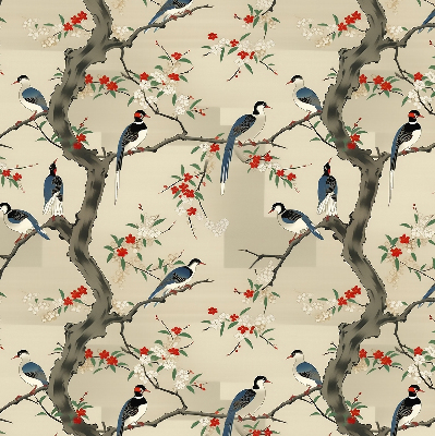 Store enrouleur avec motif d'oiseaux sur un arbre