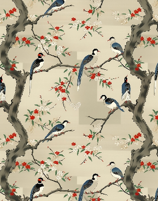 Store enrouleur avec motif d'oiseaux sur un arbre