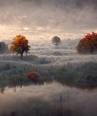 Store intérieur fenêtre avec motif d'arbres dans le brouillard