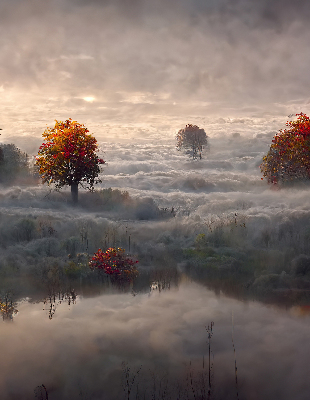 Store intérieur fenêtre avec motif d'arbres dans le brouillard
