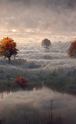 Store intérieur fenêtre avec motif d'arbres dans le brouillard