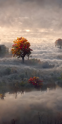 Store intérieur fenêtre avec motif d'arbres dans le brouillard
