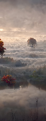 Store intérieur fenêtre avec motif d'arbres dans le brouillard