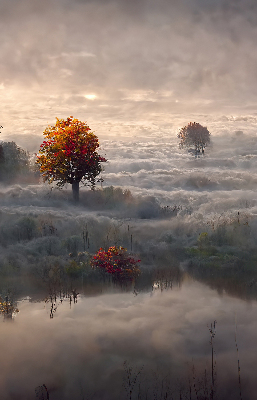 Store intérieur fenêtre avec motif d'arbres dans le brouillard