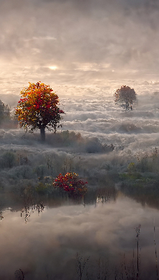Store intérieur fenêtre avec motif d'arbres dans le brouillard