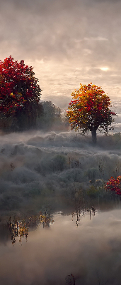 Store intérieur fenêtre avec motif d'arbres dans le brouillard