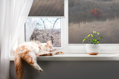 Store intérieur fenêtre avec motif d'arbres dans le brouillard