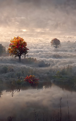 Store intérieur fenêtre avec motif d'arbres dans le brouillard