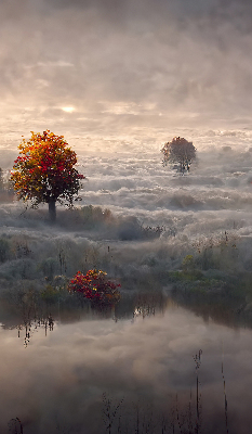 Store intérieur fenêtre avec motif d'arbres dans le brouillard