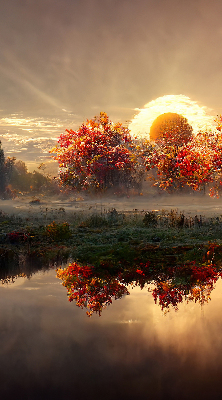 Store enrouleur coucher de soleil derrière les arbres