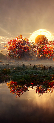 Store enrouleur coucher de soleil derrière les arbres