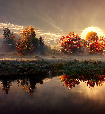 Store enrouleur coucher de soleil derrière les arbres