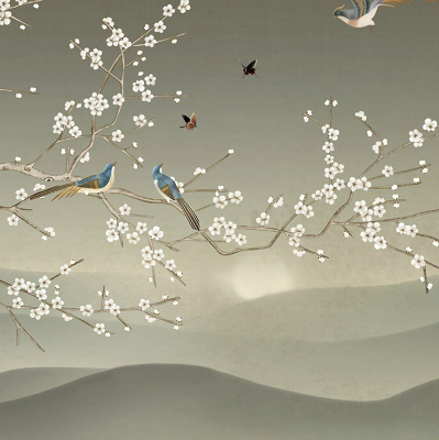 Store intérieur avec oiseaux sur une branche