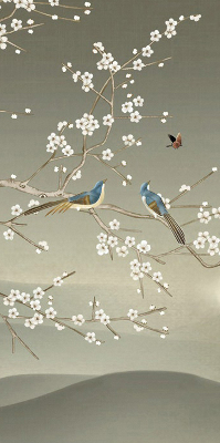 Store intérieur avec oiseaux sur une branche