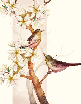 Store enrouleur oiseaux sur un arbre fleuri