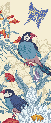Store intérieur fenêtre avec motif d'oiseaux parmi les fleurs