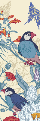 Store intérieur fenêtre avec motif d'oiseaux parmi les fleurs