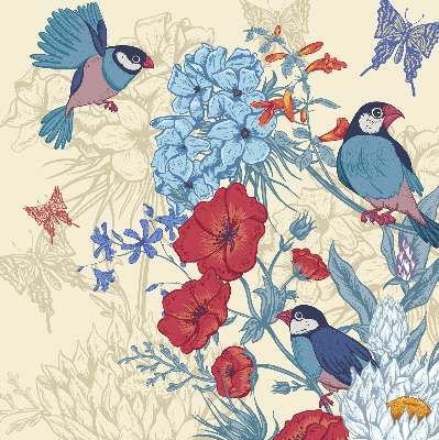 Store intérieur fenêtre avec motif d'oiseaux parmi les fleurs