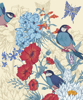 Store intérieur fenêtre avec motif d'oiseaux parmi les fleurs