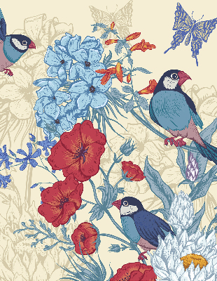Store intérieur fenêtre avec motif d'oiseaux parmi les fleurs