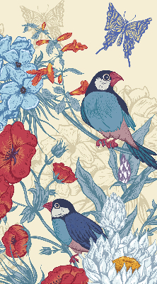 Store intérieur fenêtre avec motif d'oiseaux parmi les fleurs