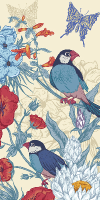 Store intérieur fenêtre avec motif d'oiseaux parmi les fleurs