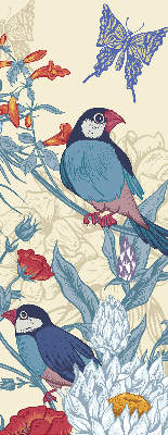 Store intérieur fenêtre avec motif d'oiseaux parmi les fleurs