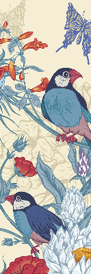 Store intérieur fenêtre avec motif d'oiseaux parmi les fleurs