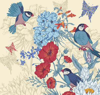 Store intérieur fenêtre avec motif d'oiseaux parmi les fleurs