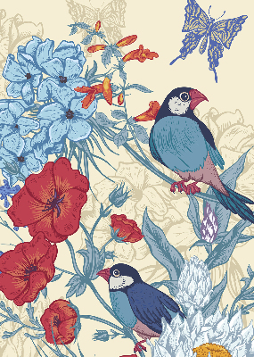Store intérieur fenêtre avec motif d'oiseaux parmi les fleurs