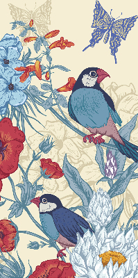 Store intérieur fenêtre avec motif d'oiseaux parmi les fleurs