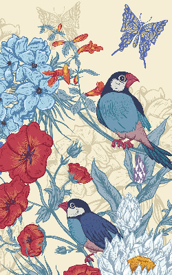 Store intérieur fenêtre avec motif d'oiseaux parmi les fleurs